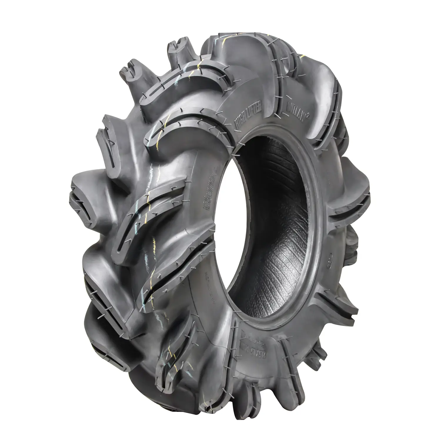 High Lifter Outlaw 2 ATV mud tire, deep cupped paddle lugs wrapping over the shoulder and down the sidewall toward the rim, HIGH LIFTER and OUTLAW 2 lettering on the casing