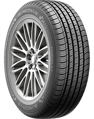 SureDrive Touring A/S tire on a silver multi-spoke wheel, symmetric all-season tread with four circumferential grooves